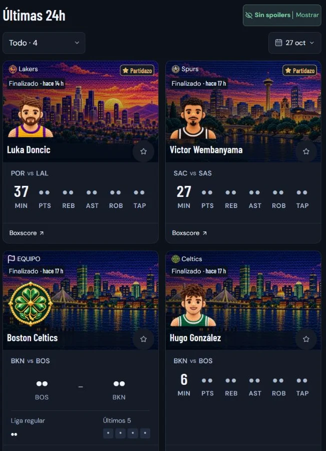 Últimas 24h en Hoopulse: Luka Dončić, Victor Wembanyama y Boston Celtics con resultados protegidos