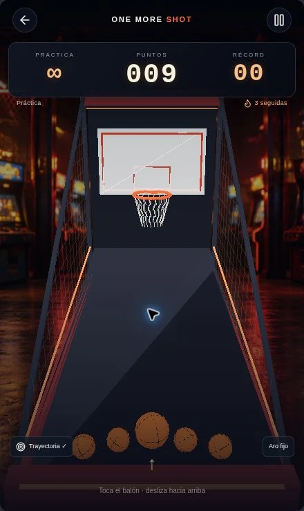 Cancha arcade de One More Shot, con canasta y balón